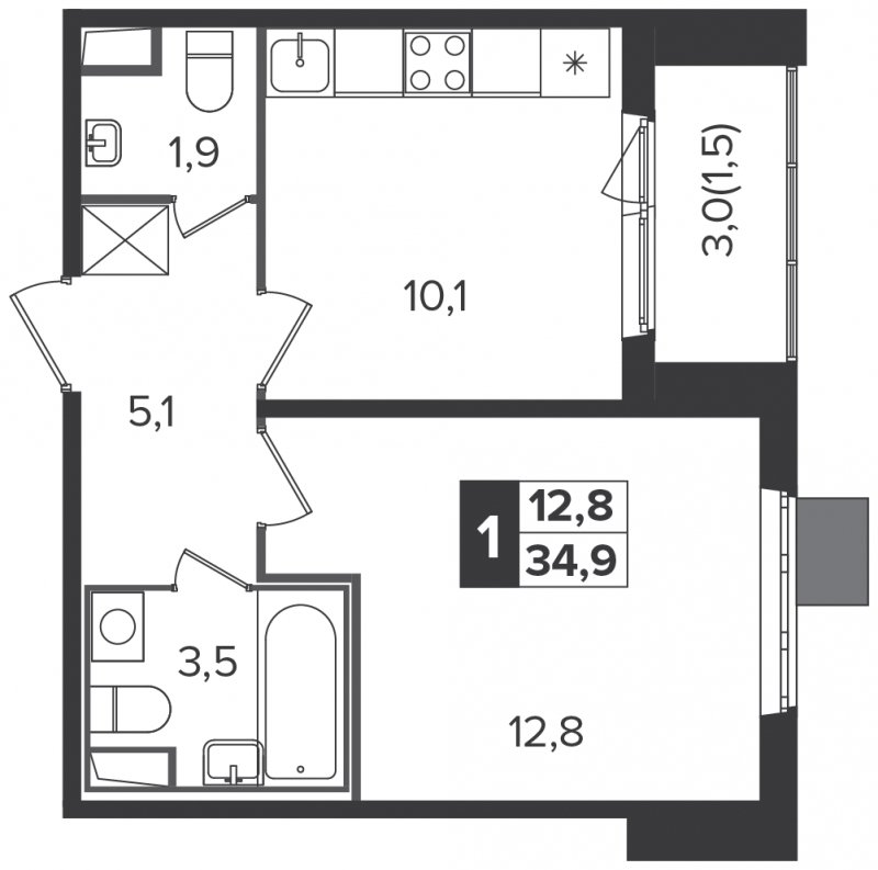 1-комнатная квартира с частичной отделкой, 34.8 м2, 13 этаж, дом сдан, ЖК Южная Битца, корпус 6 - объявление 1747105 - фото №1