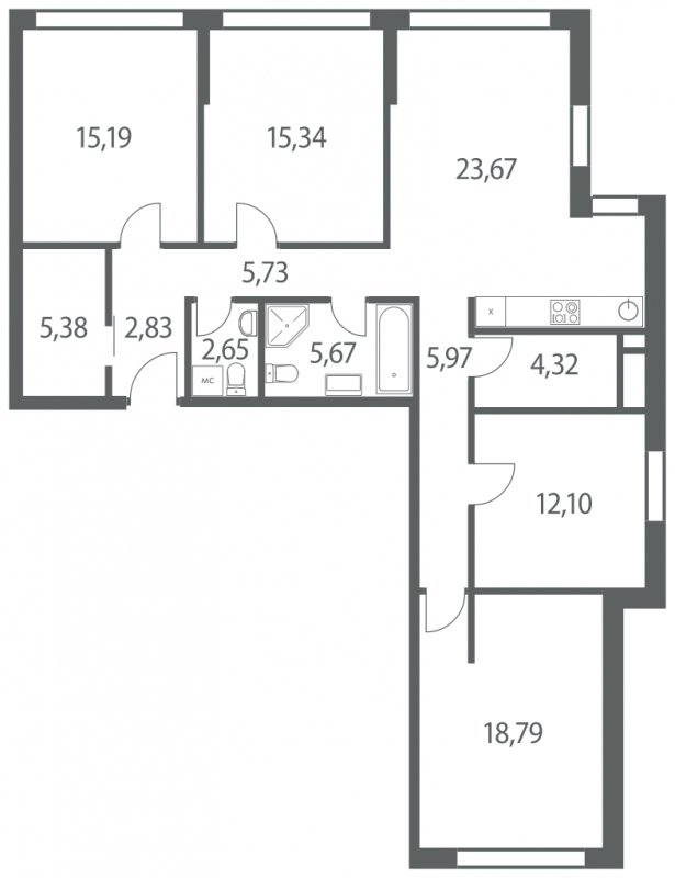 3-комнатная квартира без отделки, 117.64 м2, 19 этаж, сдача 4 квартал 2022 г., ЖК Headliner, корпус 10 - объявление 1299459 - фото №1