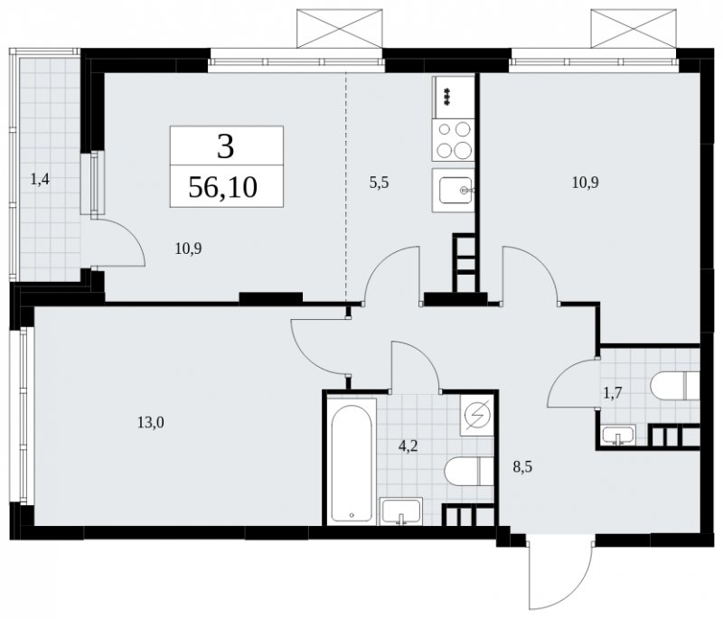 3-комнатная квартира (евро) без отделки, 56.1 м2, 4 этаж, сдача 4 квартал 2024 г., ЖК Скандинавия, корпус 35.2.2 - объявление 1841041 - фото №1