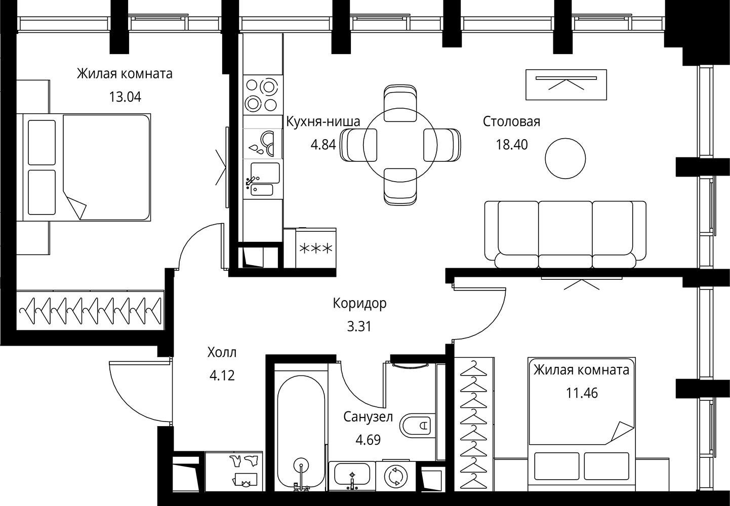 2-комнатная квартира с частичной отделкой, 60 м2, 6 этаж, сдача 3 квартал 2026 г., ЖК City Bay, корпус North Ocean 10 - объявление 2277742 - фото №1