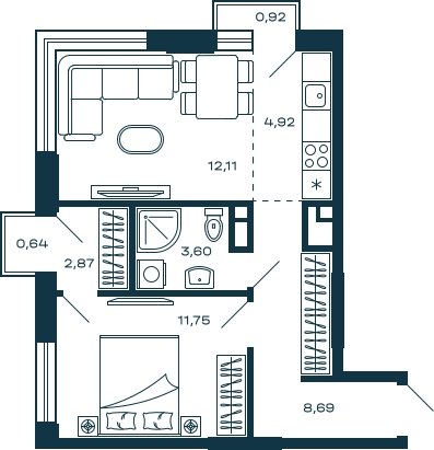 1-комнатная квартира без отделки, 44.41 м2, 6 этаж, сдача 3 квартал 2025 г., ЖК М_5, корпус 2 - объявление 2296392 - фото №1