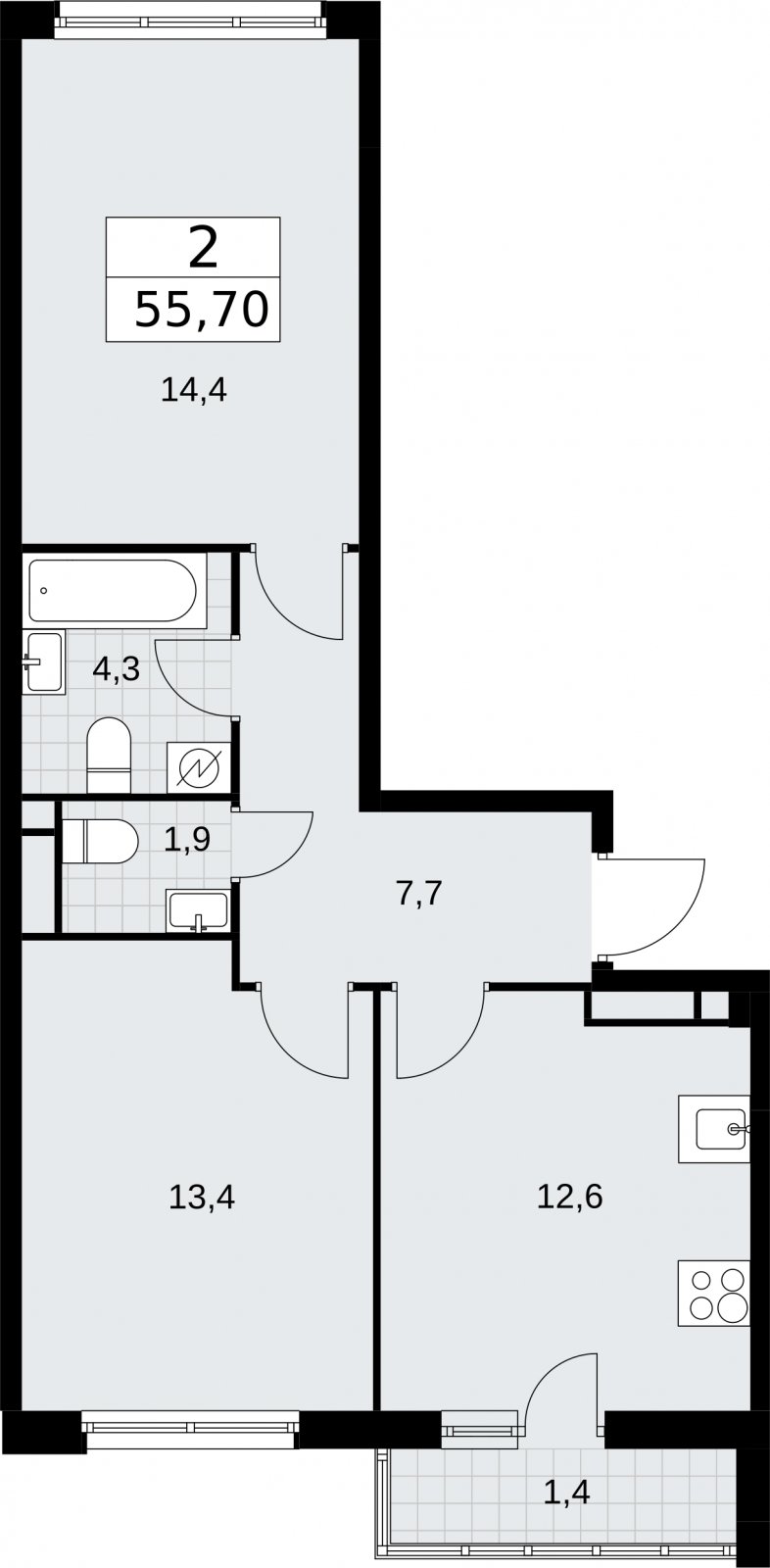 2-комнатная квартира с полной отделкой, 55.7 м2, 3 этаж, сдача 4 квартал 2026 г., ЖК Родные кварталы, корпус 1.2 - объявление 2318077 - фото №1