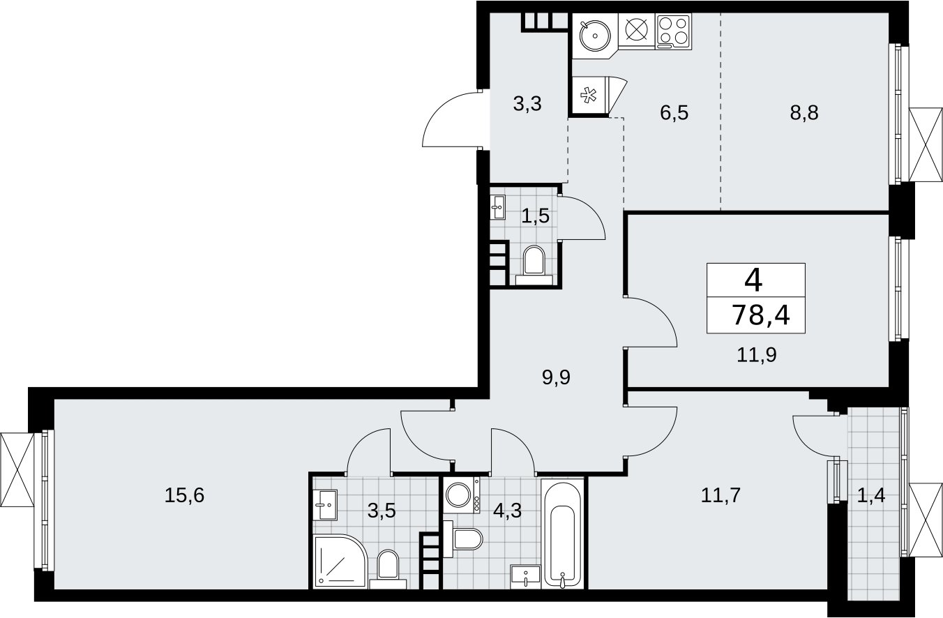 4-комнатная квартира (евро) с частичной отделкой, 78.4 м2, 6 этаж, сдача 2 квартал 2026 г., ЖК Бунинские кварталы, корпус 5.1 - объявление 2297217 - фото №1