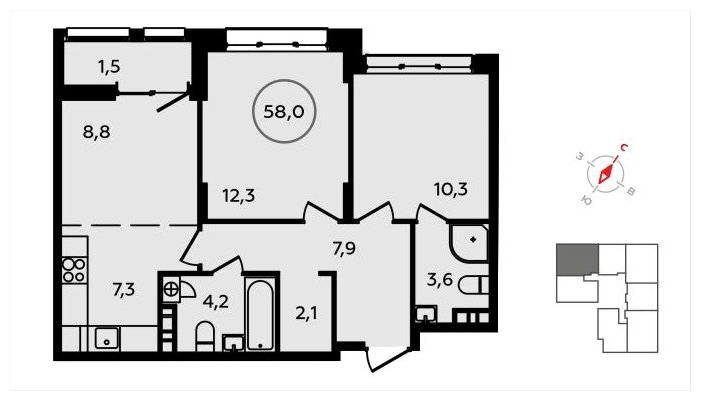 3-комнатная квартира (евро) без отделки, 58 м2, 4 этаж, сдача 3 квартал 2024 г., ЖК Скандинавия, корпус 2.22.2 - объявление 1625470 - фото №1