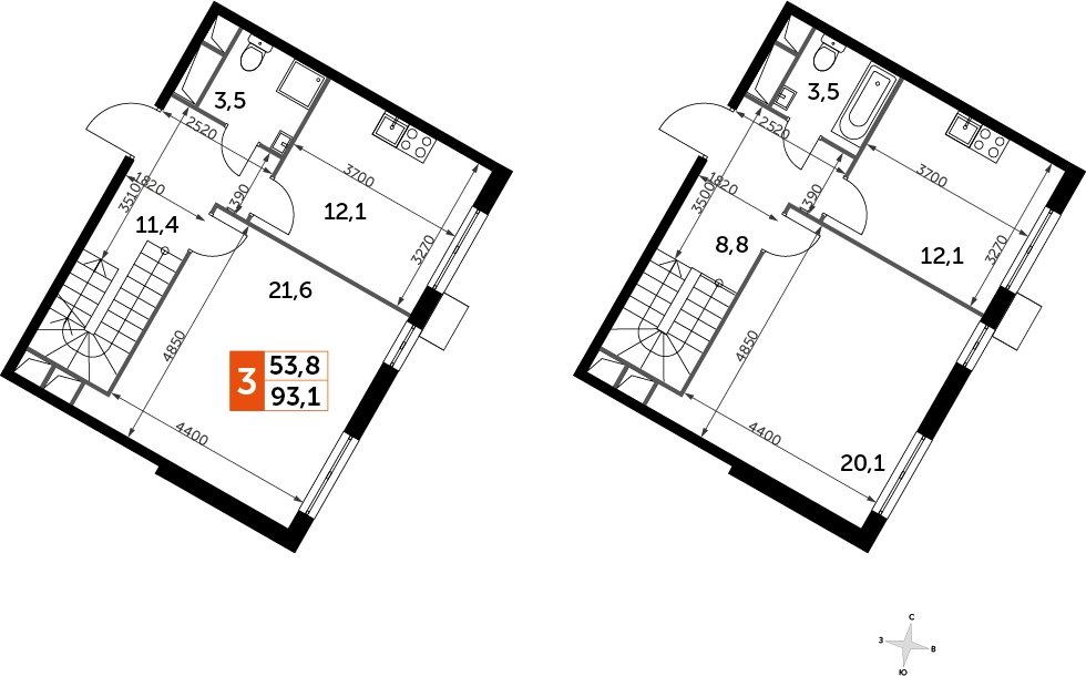 3-комнатная квартира без отделки, 93.1 м2, 12 этаж, дом сдан, ЖК UP-квартал Римский, корпус 7 - объявление 2208443 - фото №1