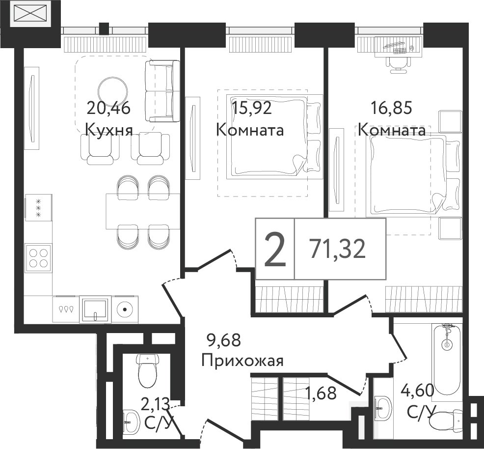 2-комнатная квартира без отделки, 71.32 м2, 2 этаж, сдача 3 квартал 2023 г., ЖК Dream Towers, корпус 1 - объявление 2261213 - фото №1