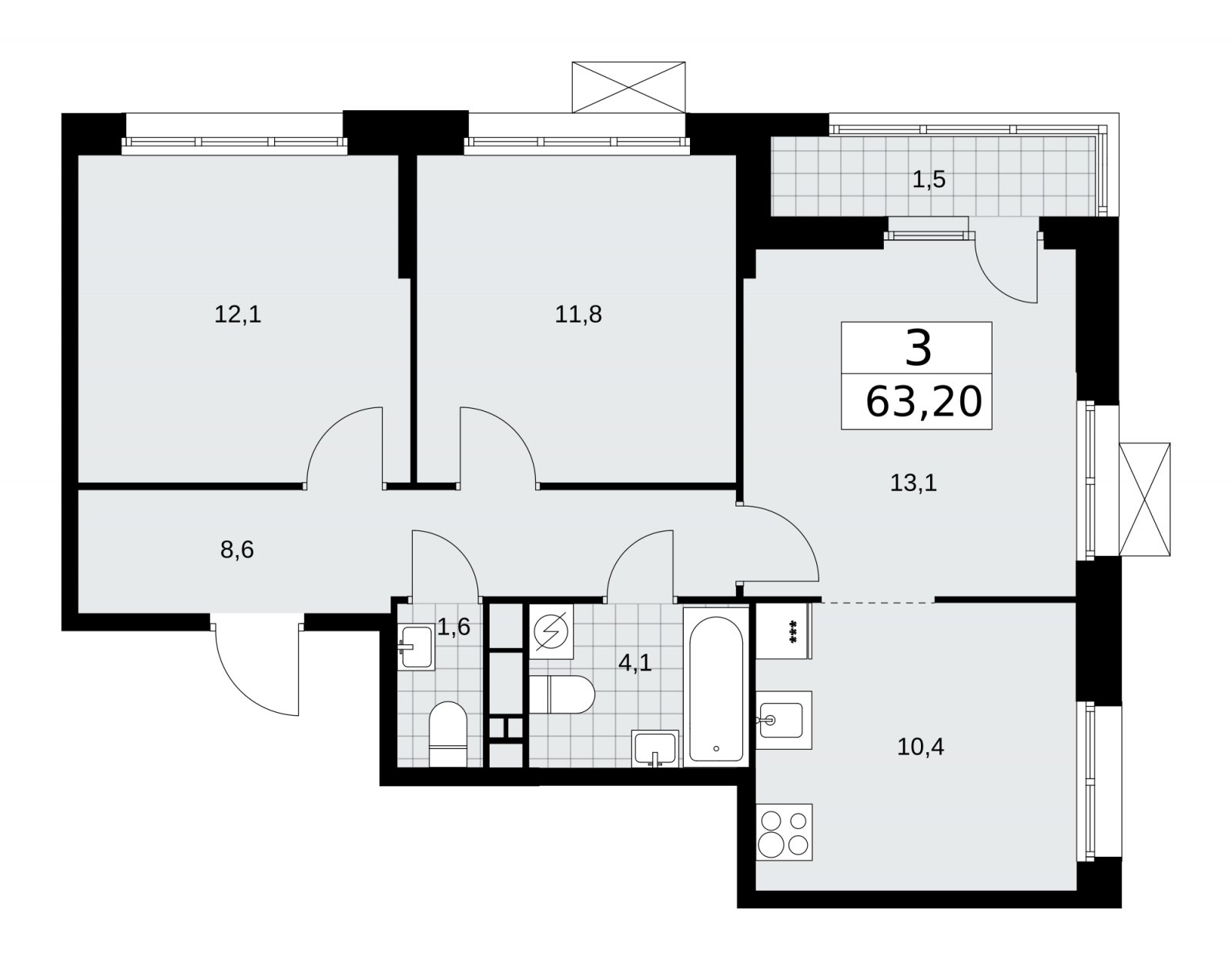 3-комнатная квартира с частичной отделкой, 63.2 м2, 7 этаж, сдача 4 квартал 2025 г., ЖК Бунинские кварталы, корпус 3.4 - объявление 2152098 - фото №1