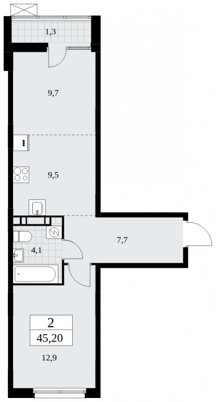 2-комнатная квартира (евро) с частичной отделкой, 45.2 м2, 7 этаж, сдача 1 квартал 2025 г., ЖК Дзен-кварталы, корпус 1.2 - объявление 1895741 - фото №1