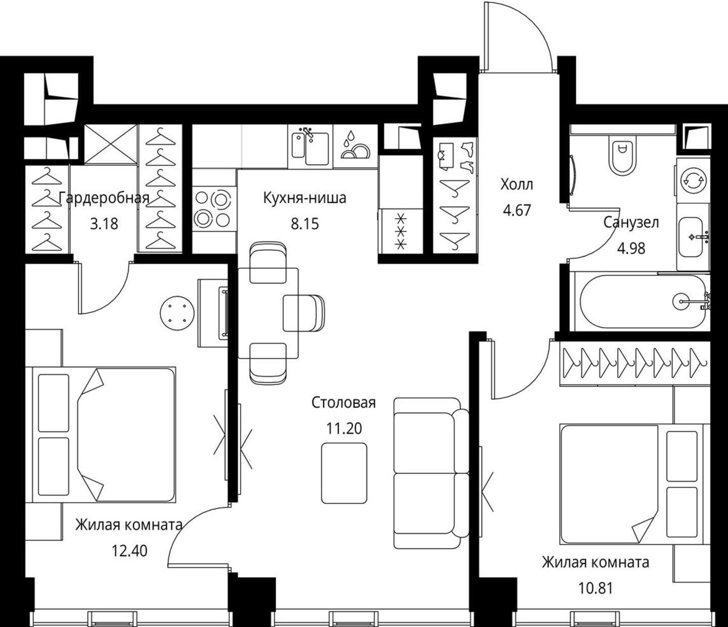 2-комнатная квартира с частичной отделкой, 55.39 м2, 24 этаж, сдача 3 квартал 2026 г., ЖК City Bay, корпус North Ocean 1 - объявление 2240414 - фото №1