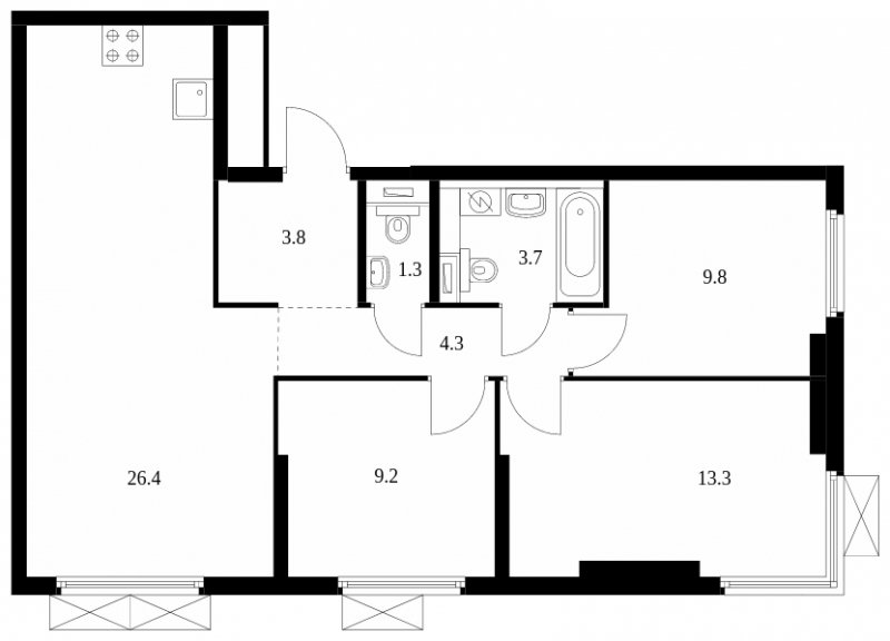 3-комнатная квартира с полной отделкой, 71.8 м2, 13 этаж, сдача 3 квартал 2024 г., ЖК Руставели 14, корпус 2.3 - объявление 1871491 - фото №1