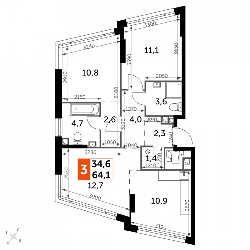 3-комнатная квартира с частичной отделкой, 64.1 м2, 26 этаж, сдача 4 квартал 2024 г., ЖК ROTTERDAM, корпус 2.1 - объявление 1954411 - фото №1