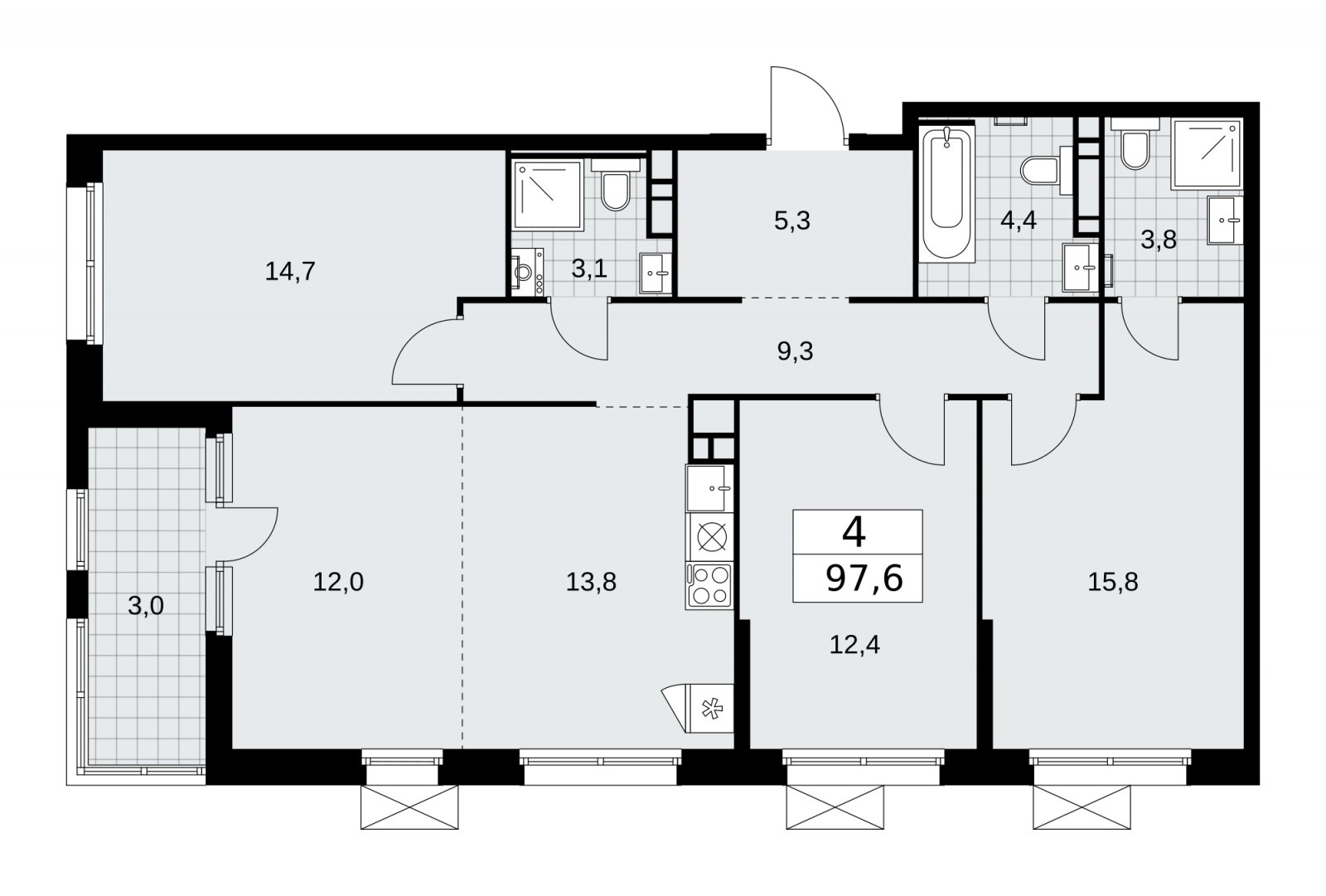 4-комнатная квартира (евро) без отделки, 97.6 м2, 10 этаж, сдача 2 квартал 2026 г., ЖК Скандинавия, корпус 25.7 - объявление 2284367 - фото №1