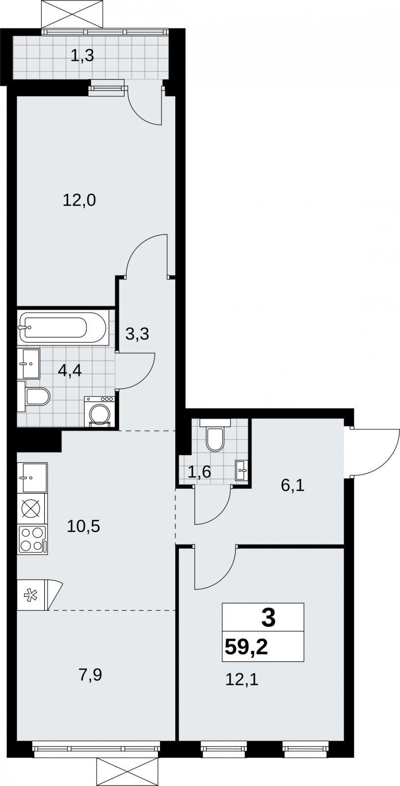 3-комнатная квартира (евро) без отделки, 59.2 м2, 5 этаж, сдача 2 квартал 2026 г., ЖК Дзен-кварталы, корпус 6.1.1 - объявление 2327092 - фото №1