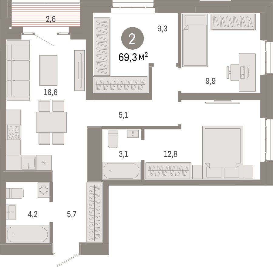 3-комнатная квартира с частичной отделкой, 69.3 м2, 14 этаж, сдача 3 квартал 2026 г., ЖК Квартал Метроном, корпус 1 - объявление 2300638 - фото №1