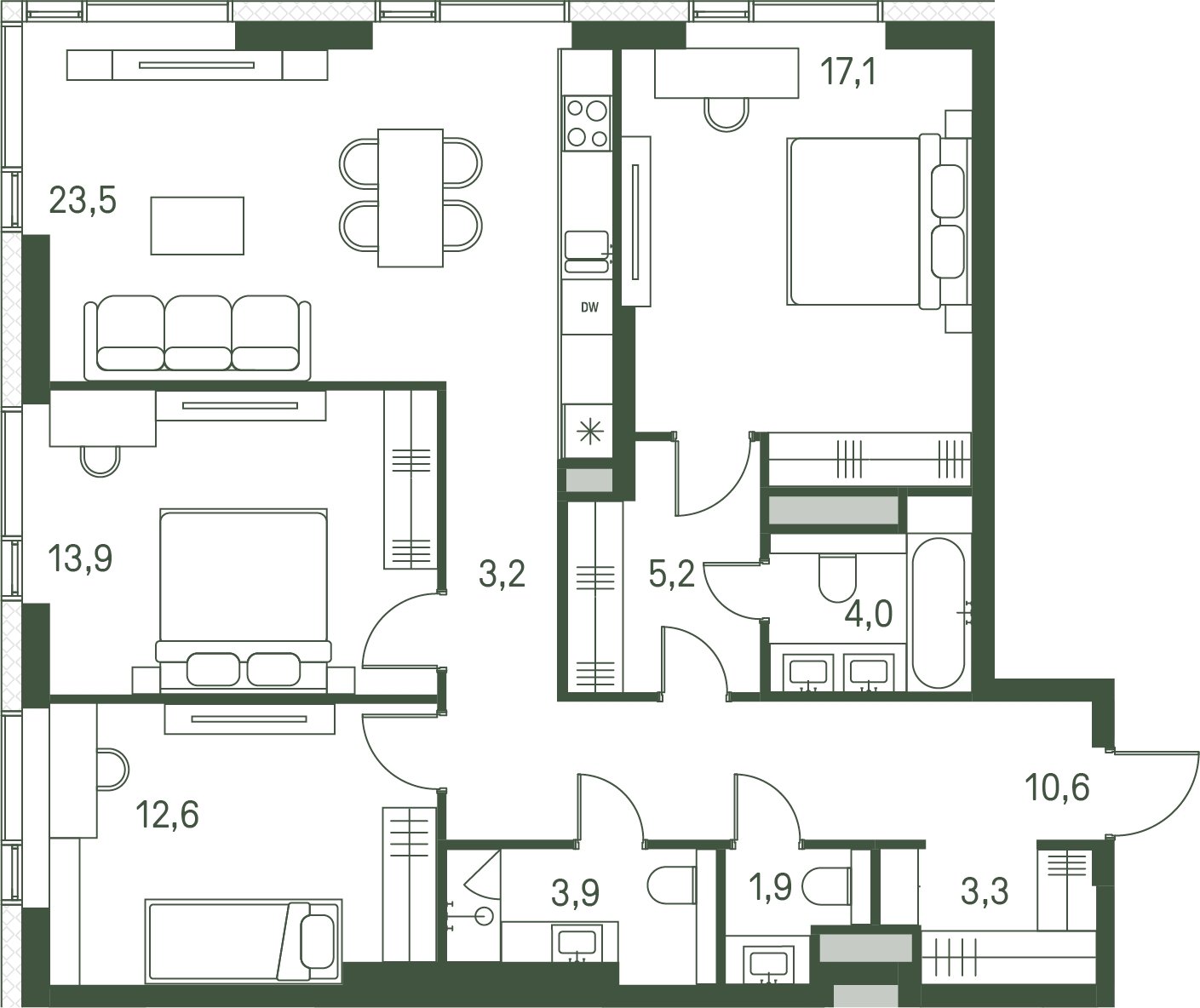 3-комнатная квартира с частичной отделкой, 99.2 м2, 30 этаж, сдача 1 квартал 2027 г., ЖК Moments, корпус 2.1 - объявление 2345997 - фото №1