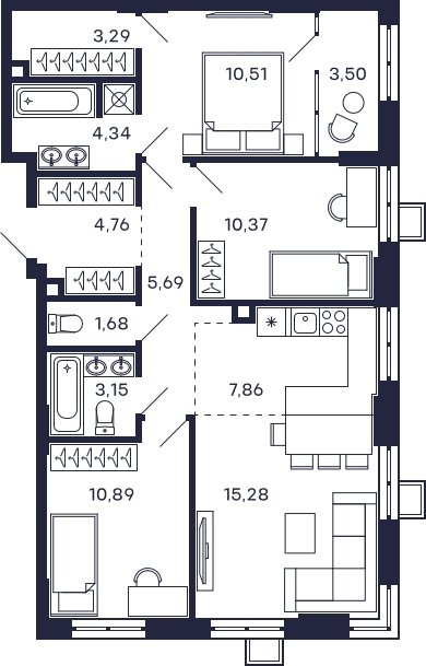 3-комнатная квартира без отделки, 81.32 м2, 2 этаж, сдача 2 квартал 2025 г., ЖК Квартал Тетрис, корпус "Квартал Тетрис 2.1" - объявление 2343741 - фото №1