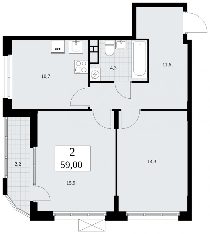 2-комнатная квартира без отделки, 59 м2, 10 этаж, сдача 4 квартал 2024 г., ЖК Бунинские кварталы, корпус 2.5 - объявление 1882737 - фото №1