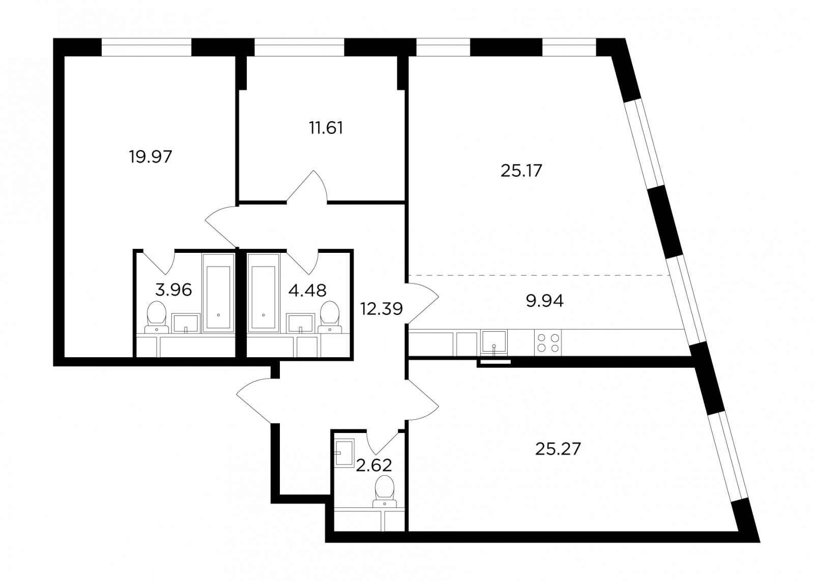 4-комнатная квартира без отделки, 115.41 м2, 26 этаж, дом сдан, ЖК КутузовGRAD 2, корпус 3 - объявление 2007638 - фото №1