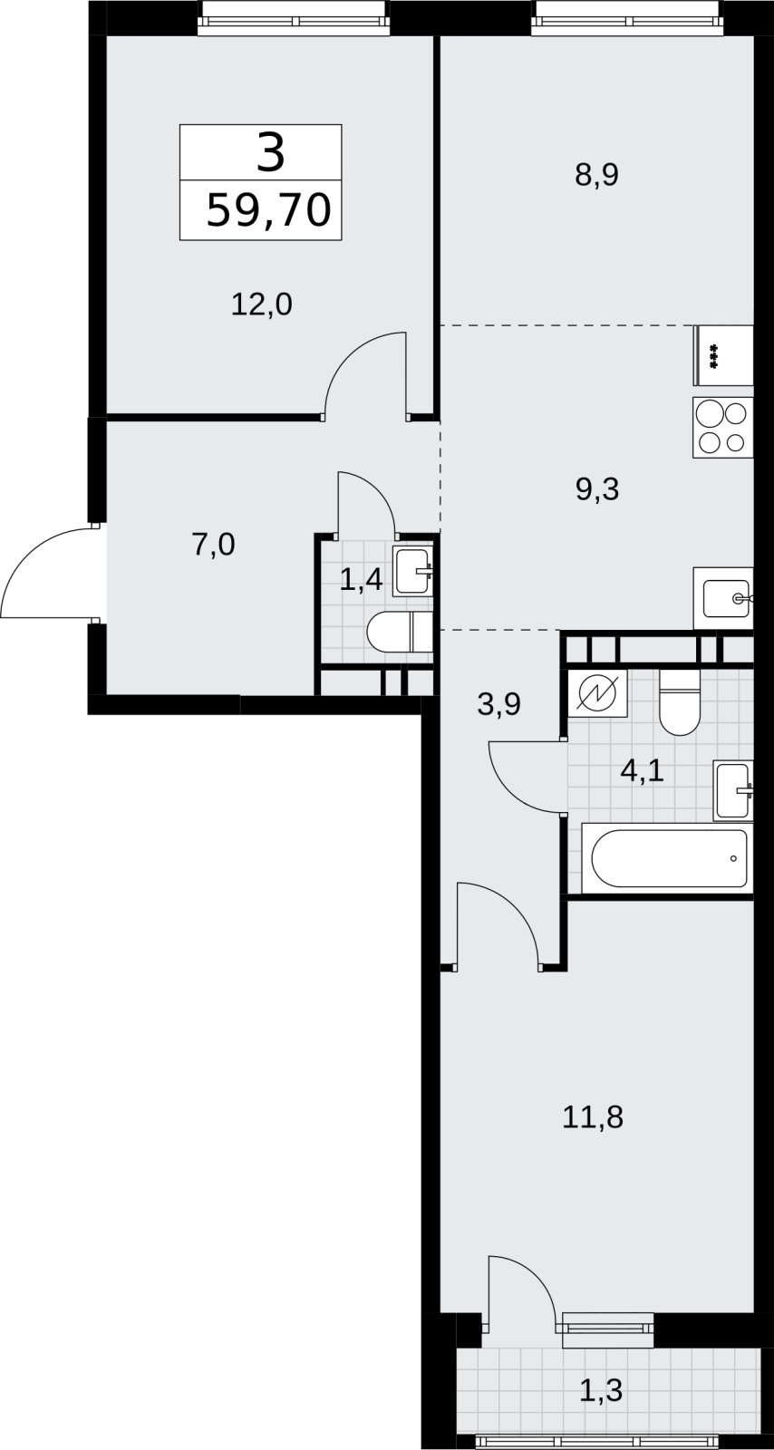 3-комнатная квартира (евро) с полной отделкой, 59.7 м2, 9 этаж, сдача 4 квартал 2026 г., ЖК Родные кварталы, корпус 3.3 - объявление 2378530 - фото №1