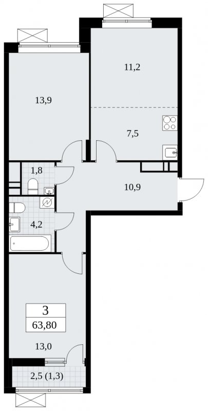 3-комнатная квартира (евро) без отделки, 63.8 м2, 16 этаж, сдача 1 квартал 2025 г., ЖК Прокшино, корпус 5.2.3 - объявление 1751434 - фото №1