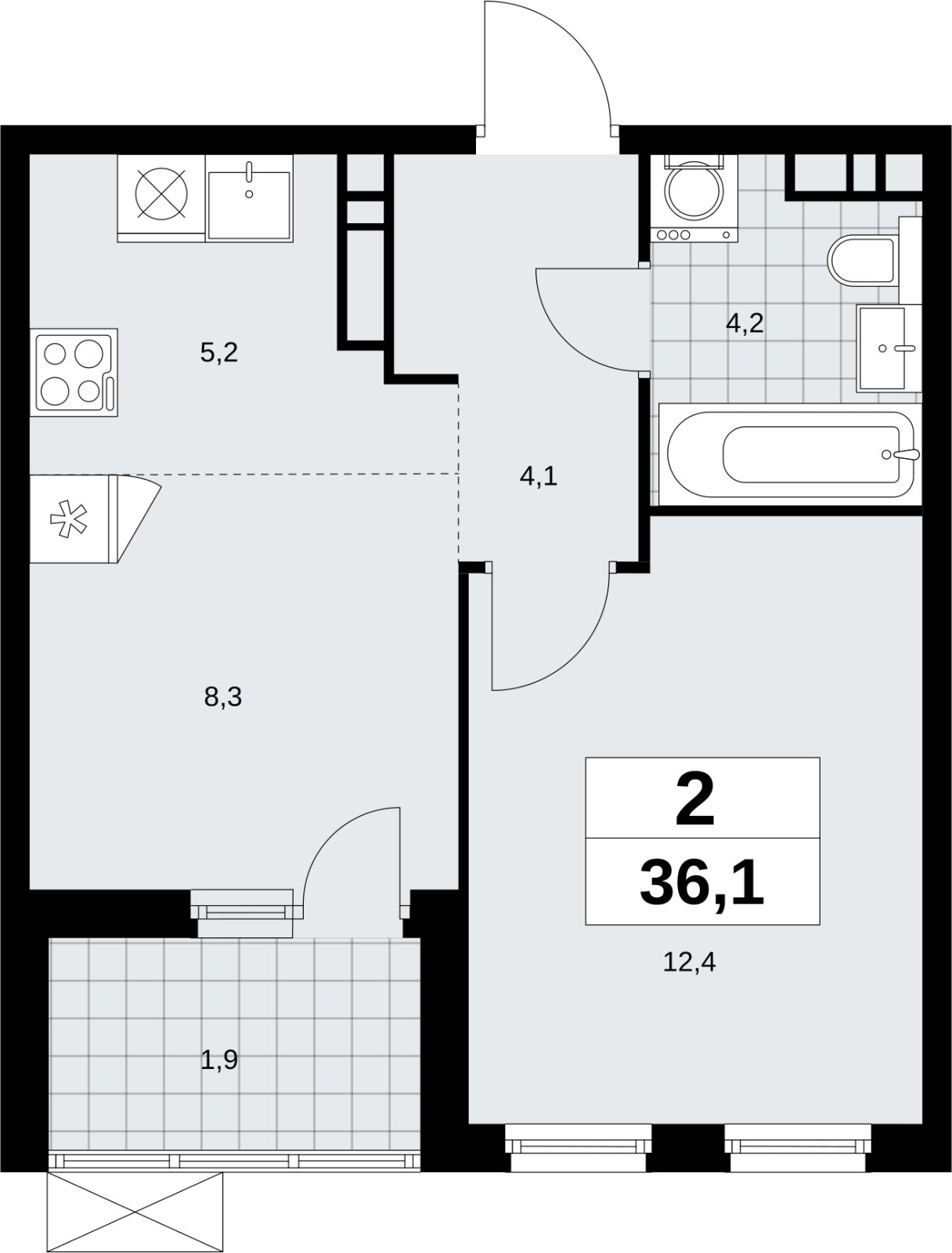 2-комнатная квартира (евро) без отделки, 36.1 м2, 7 этаж, сдача 4 квартал 2026 г., ЖК Скандинавия, корпус 2.18.1.4 - объявление 2350978 - фото №1
