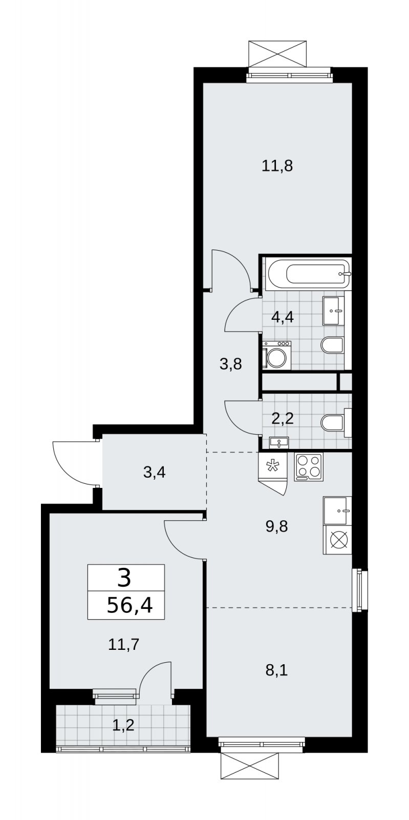 3-комнатная квартира (евро) без отделки, 56.4 м2, 12 этаж, сдача 1 квартал 2026 г., ЖК Прокшино, корпус 11.2.1 - объявление 2270036 - фото №1