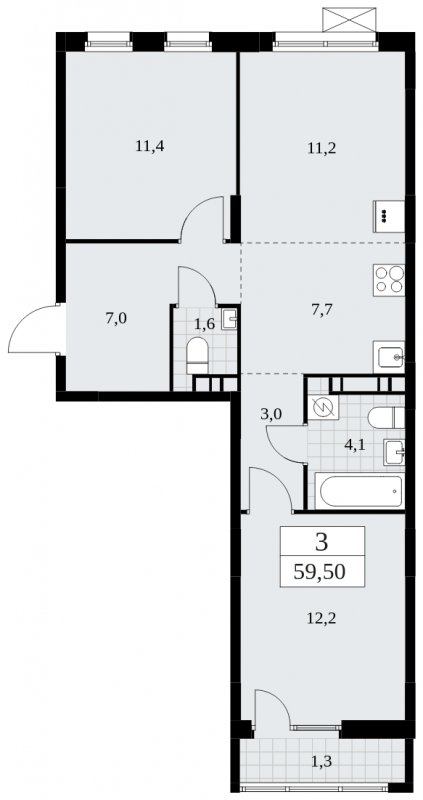 3-комнатная квартира (евро) без отделки, 59.5 м2, 6 этаж, сдача 1 квартал 2025 г., ЖК Дзен-кварталы, корпус 1.4 - объявление 1896106 - фото №1