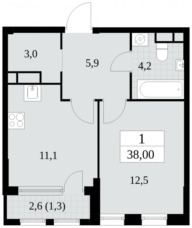1-комнатная квартира с частичной отделкой, 38 м2, 13 этаж, сдача 2 квартал 2025 г., ЖК Южные сады, корпус 2.1 - объявление 1759994 - фото №1