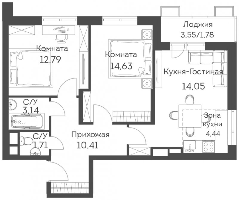 3-комнатная квартира (евро) с частичной отделкой, 62.95 м2, 18 этаж, сдача 2 квартал 2022 г., ЖК Аквилон Митино, корпус 2 - объявление 1407453 - фото №1