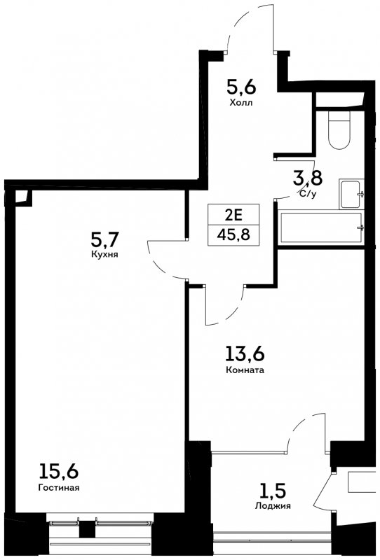 2-комнатная квартира без отделки, 45.8 м2, 5 этаж, сдача 4 квартал 2022 г., ЖК Квартал на набережной NOW, корпус 1.4 - объявление 1753373 - фото №1