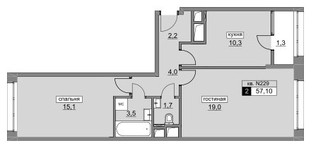 2-комнатная квартира без отделки, 57.1 м2, 18 этаж, сдача 4 квартал 2022 г., ЖК Румянцево-Парк, корпус 3 - объявление 1187234 - фото №1