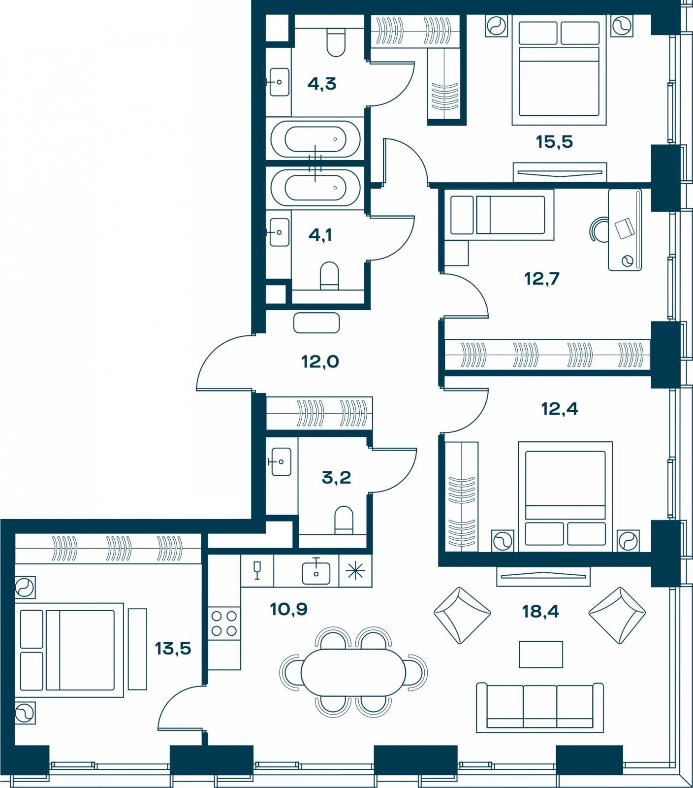 4-комнатная квартира с частичной отделкой, 107 м2, 16 этаж, сдача 4 квартал 2026 г., ЖК SOUL, корпус 3 - объявление 2329915 - фото №1
