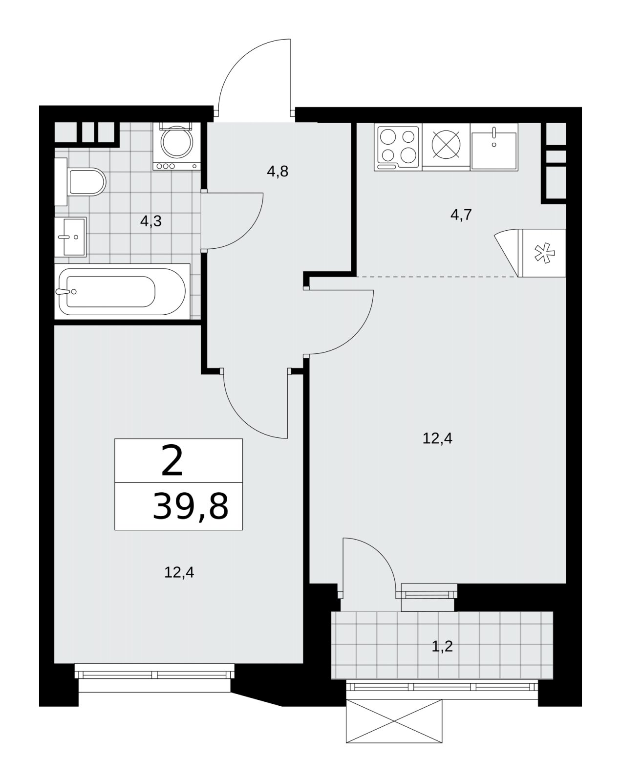 2-комнатная квартира (евро) без отделки, 39.8 м2, 7 этаж, сдача 4 квартал 2025 г., ЖК Бунинские кварталы, корпус 6.6 - объявление 2252929 - фото №1