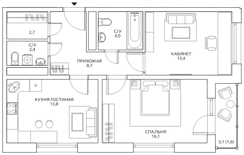 2-комнатная квартира с полной отделкой, 62.7 м2, 24 этаж, дом сдан, ЖК Авиатика, корпус 1 - объявление 1968252 - фото №1