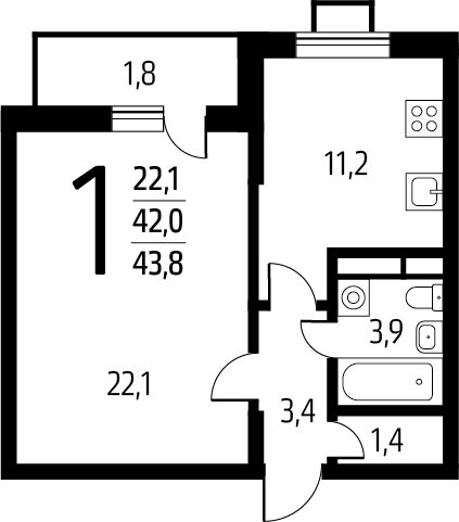 1-комнатная квартира с полной отделкой, 43.8 м2, 14 этаж, сдача 1 квартал 2025 г., ЖК Новые Ватутинки. Заречный, корпус 5/2 - объявление 2272022 - фото №1