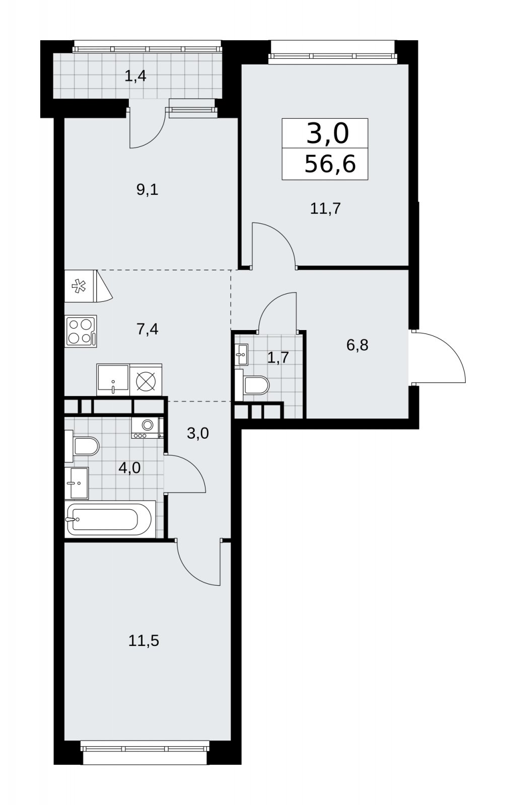 3-комнатная квартира (евро) с частичной отделкой, 56.6 м2, 8 этаж, сдача 2 квартал 2026 г., ЖК Дзен-кварталы, корпус 3.4 - объявление 2242168 - фото №1