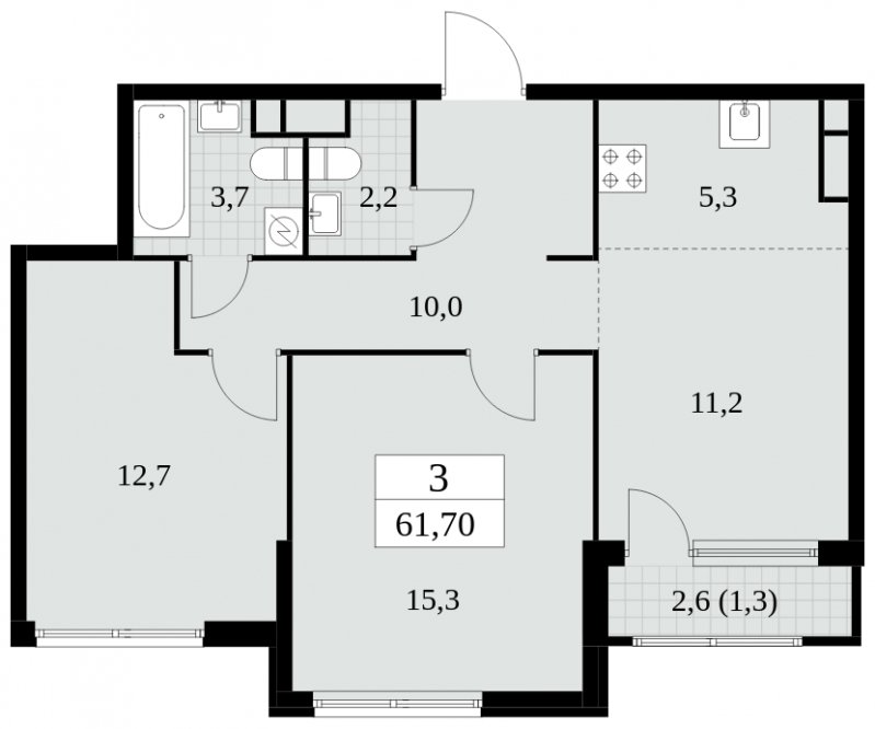 3-комнатная квартира (евро) без отделки, 61.7 м2, 13 этаж, сдача 2 квартал 2025 г., ЖК Южные сады, корпус 2.4 - объявление 1760468 - фото №1