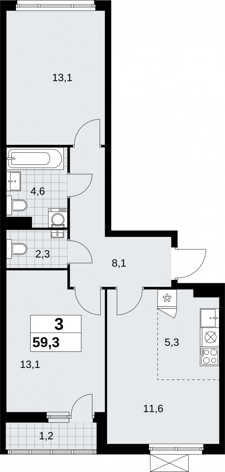 3-комнатная квартира (евро) без отделки, 59.3 м2, 3 этаж, сдача 2 квартал 2026 г., ЖК Дзен-кварталы, корпус 6.1.1 - объявление 2326987 - фото №1