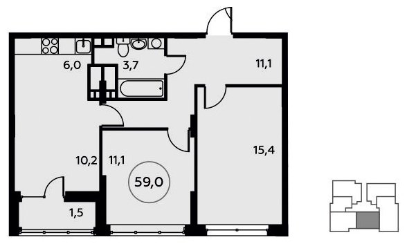 3-комнатная квартира без отделки, 59 м2, 13 этаж, сдача 3 квартал 2022 г., ЖК Скандинавия, корпус 17.4 - объявление 1516050 - фото №1