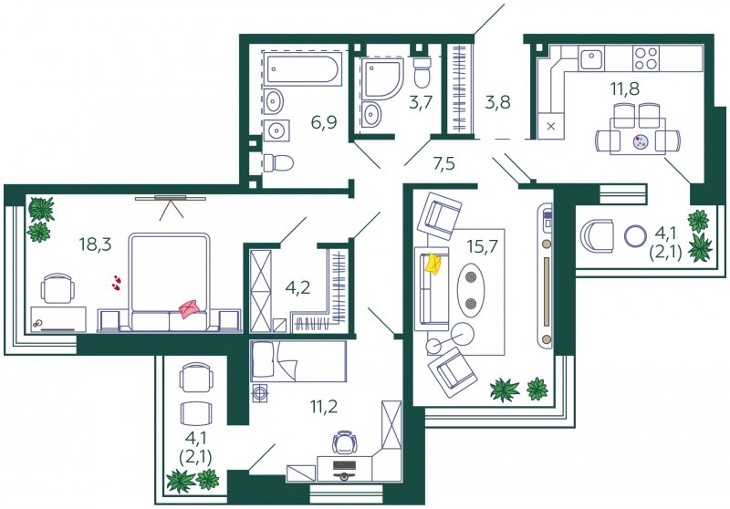 3-комнатная квартира без отделки, 87.3 м2, 22 этаж, сдача 1 квартал 2024 г., ЖК SHAGAL, корпус 1.5 - объявление 1961744 - фото №1