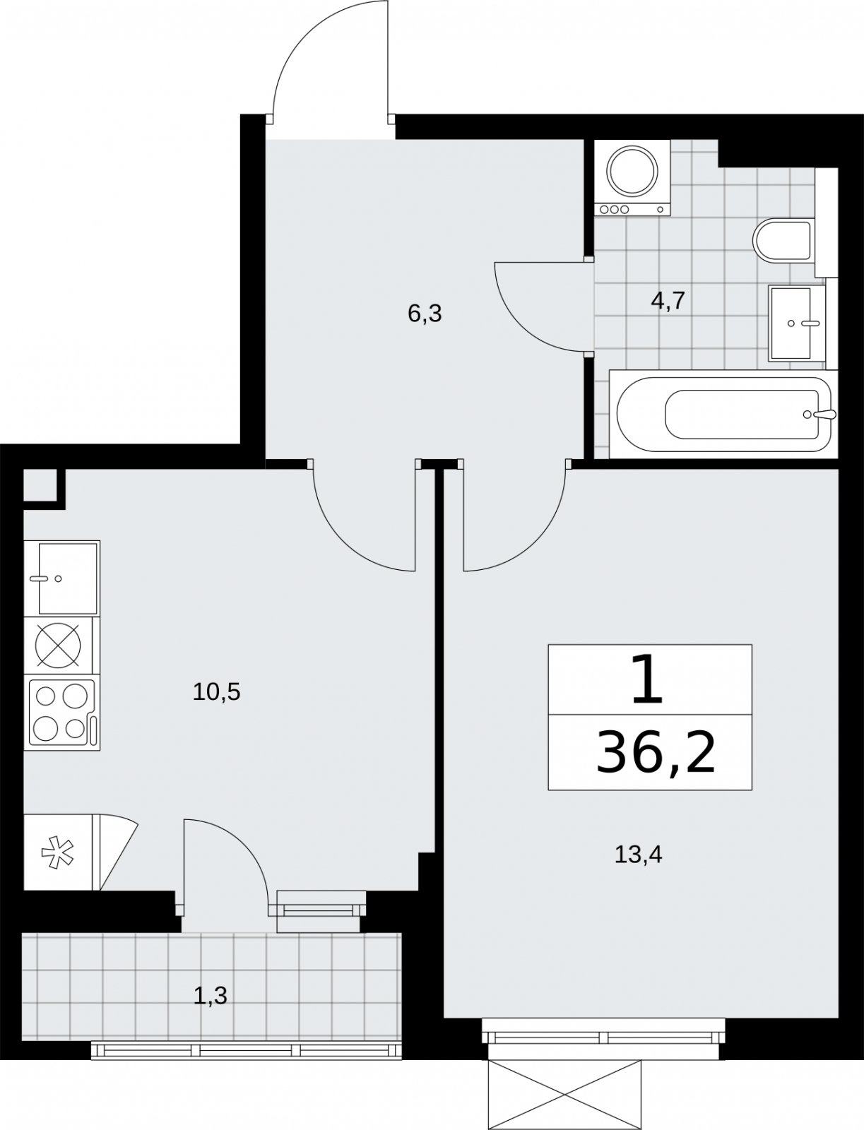 1-комнатная квартира без отделки, 36.2 м2, 2 этаж, сдача 2 квартал 2026 г., ЖК Бунинские кварталы, корпус 7.3 - объявление 2313935 - фото №1