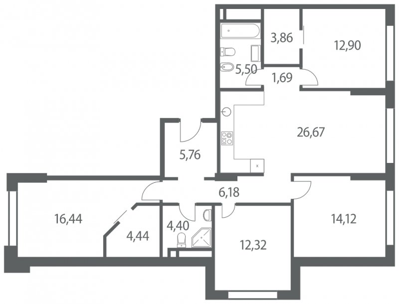 4-комнатная квартира без отделки, 114.28 м2, 6 этаж, сдача 4 квартал 2022 г., ЖК Headliner, корпус 10 - объявление 1299494 - фото №1