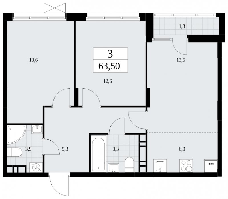 3-комнатная квартира (евро) без отделки, 63.5 м2, 8 этаж, сдача 2 квартал 2025 г., ЖК Дзен-кварталы, корпус 2.4 - объявление 1932809 - фото №1