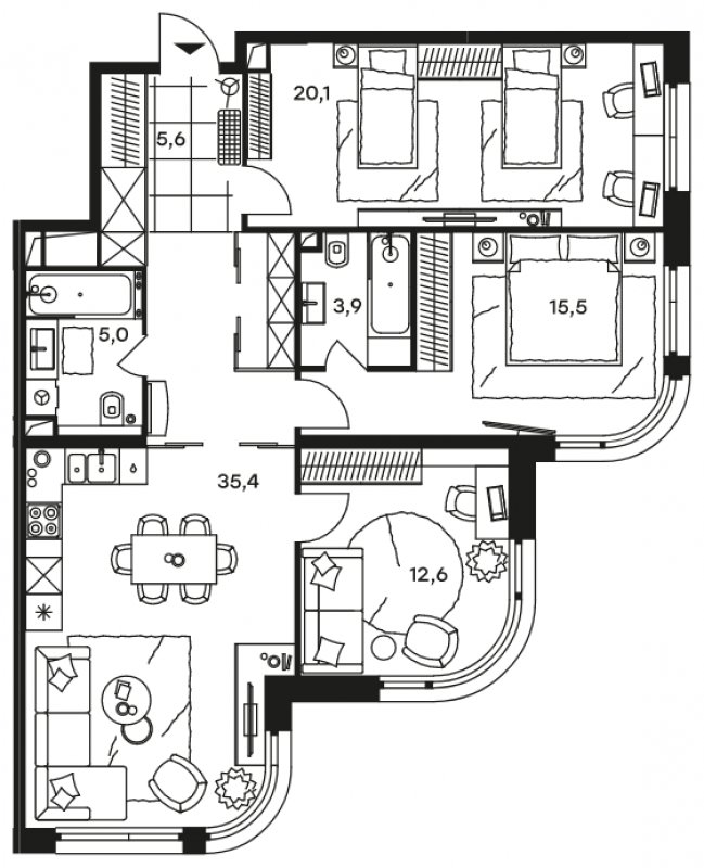 4-комнатные апартаменты с частичной отделкой, 98.1 м2, 12 этаж, сдача 1 квартал 2022 г., ЖК Level Стрешнево, корпус Запад - объявление 1659278 - фото №1