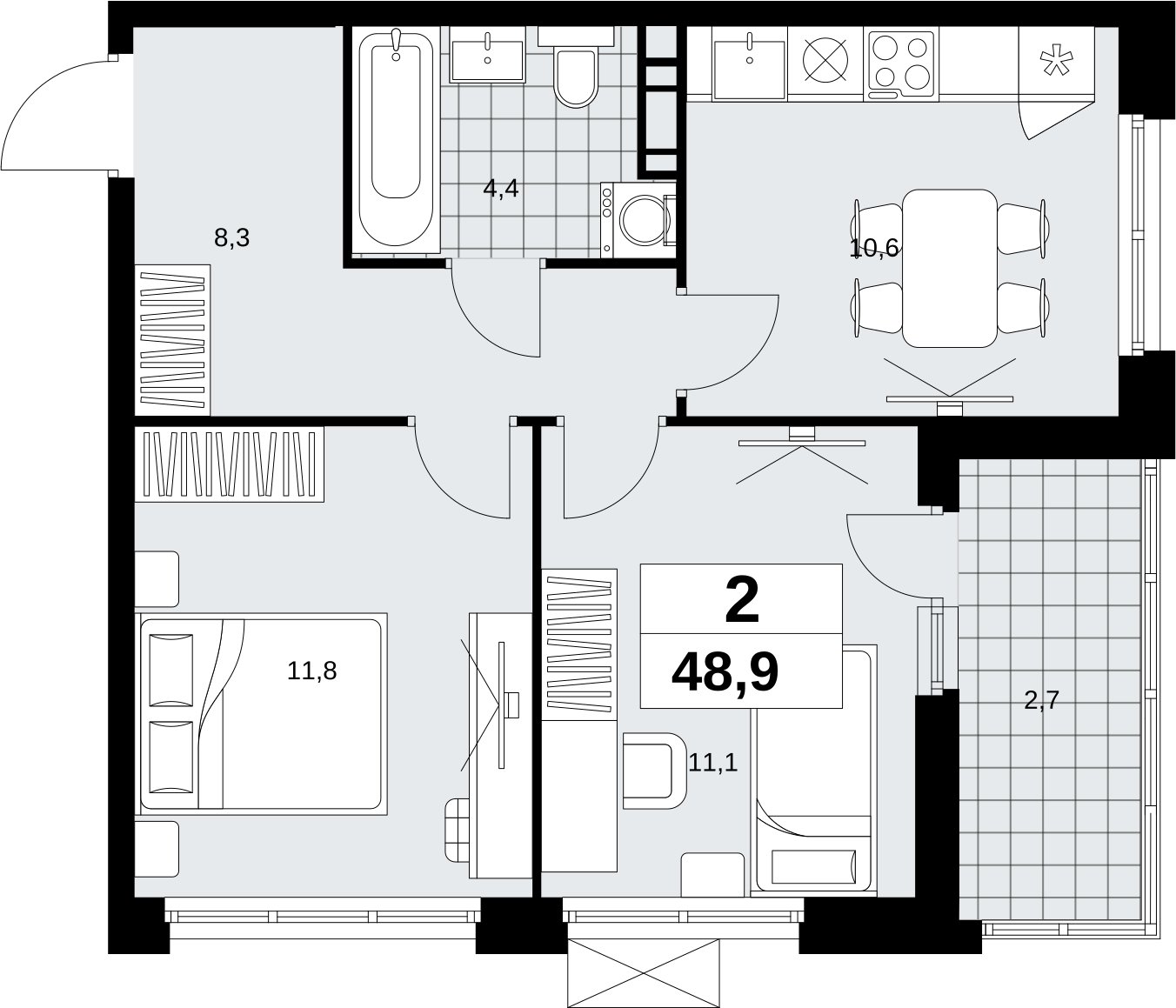 2-комнатная квартира с полной отделкой, 48.9 м2, 11 этаж, сдача 1 квартал 2027 г., ЖК Скандинавия, корпус 2.18.2.3 - объявление 2351408 - фото №1