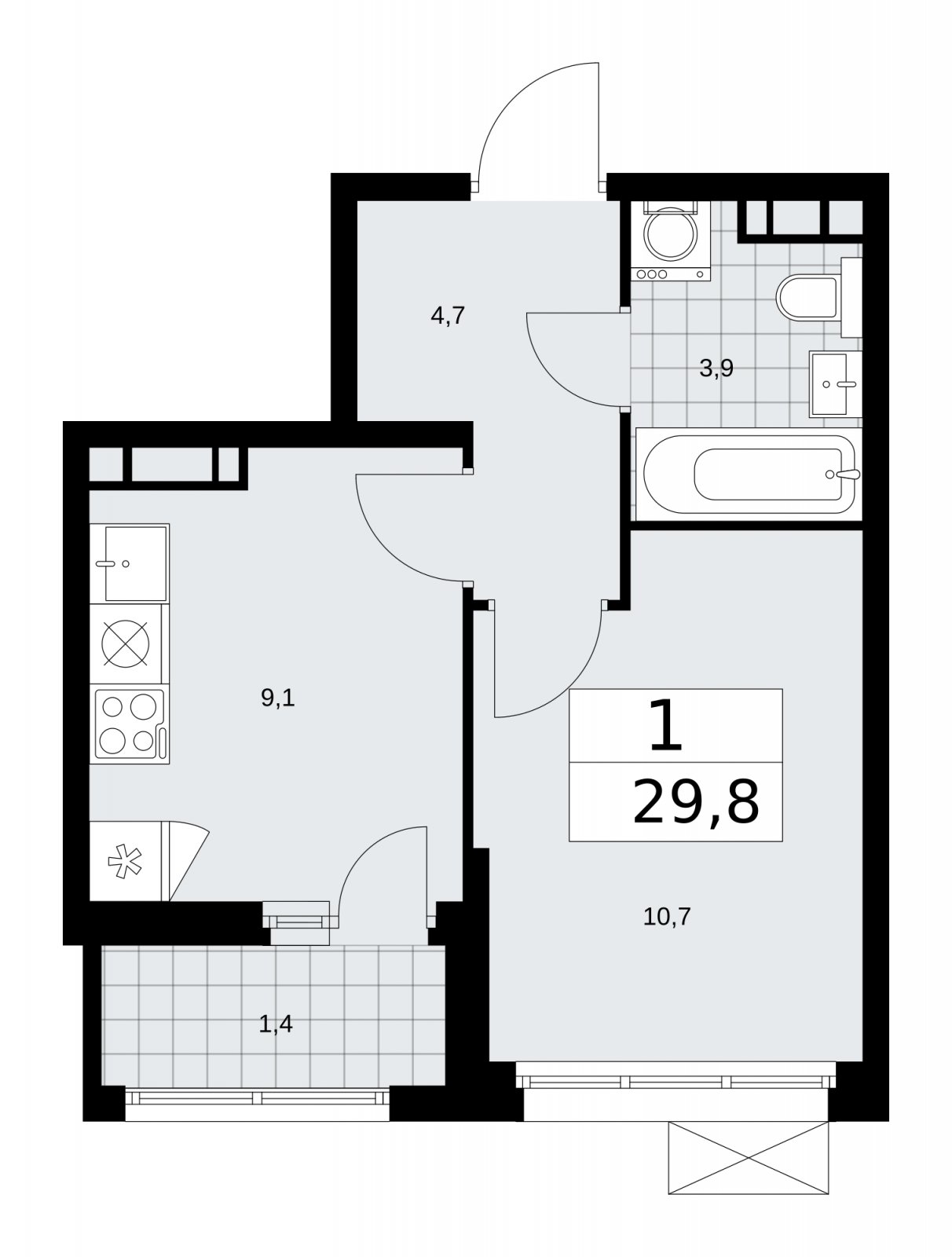 1-комнатная квартира с частичной отделкой, 29.8 м2, 9 этаж, сдача 2 квартал 2026 г., ЖК Скандинавия, корпус 25.1 - объявление 2283396 - фото №1