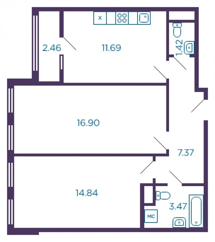 2-комнатная квартира без отделки, 57 м2, 1 этаж, дом сдан, ЖК Миниполис Дивное, корпус 15 - объявление 1685724 - фото №1