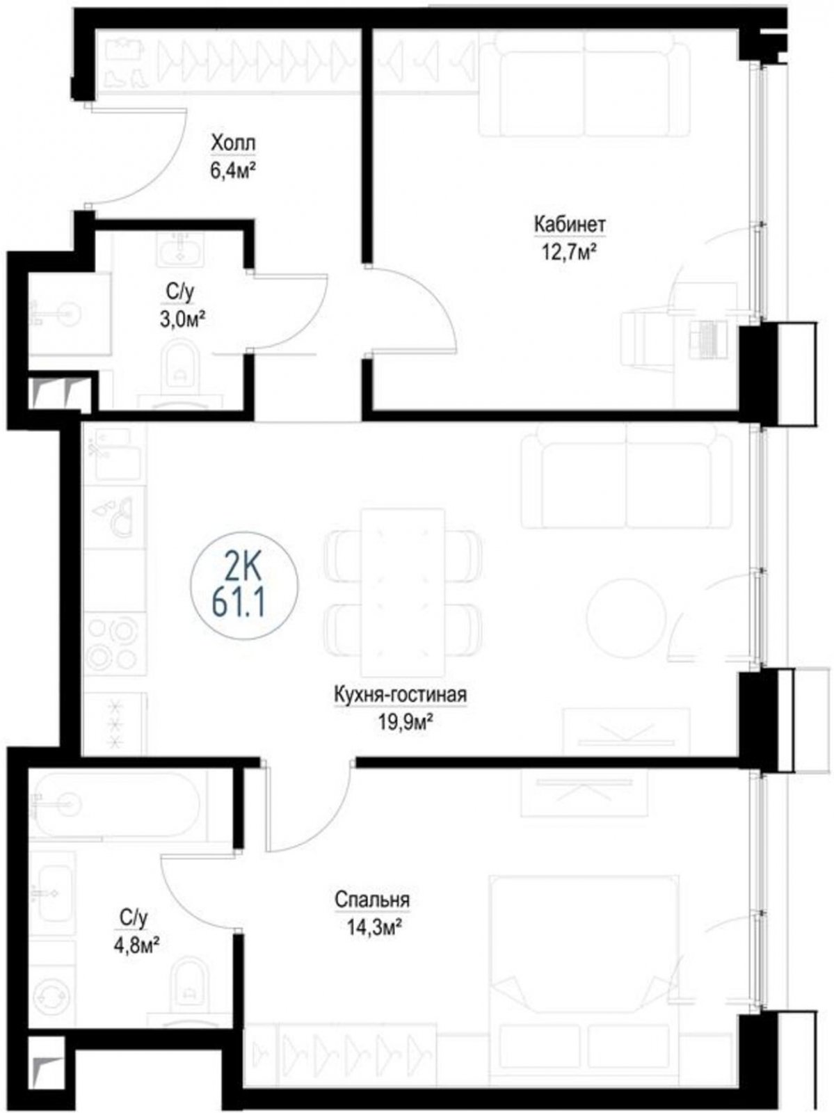 2-комнатная квартира с частичной отделкой, 61.1 м2, 24 этаж, сдача 3 квартал 2024 г., ЖК Метрополия, корпус Yekaterinburg - объявление 2192378 - фото №1