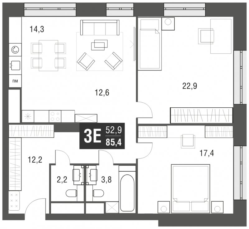 3-комнатная квартира (евро) с полной отделкой, 85.4 м2, 27 этаж, сдача 2 квартал 2024 г., ЖК AFI Tower, корпус 1 - объявление 1930933 - фото №1