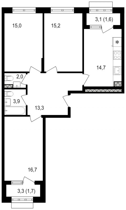 3-комнатная квартира без отделки, 84.1 м2, 16 этаж, сдача 3 квартал 2024 г., ЖК Михалковский, корпус 3 - объявление 2042012 - фото №1